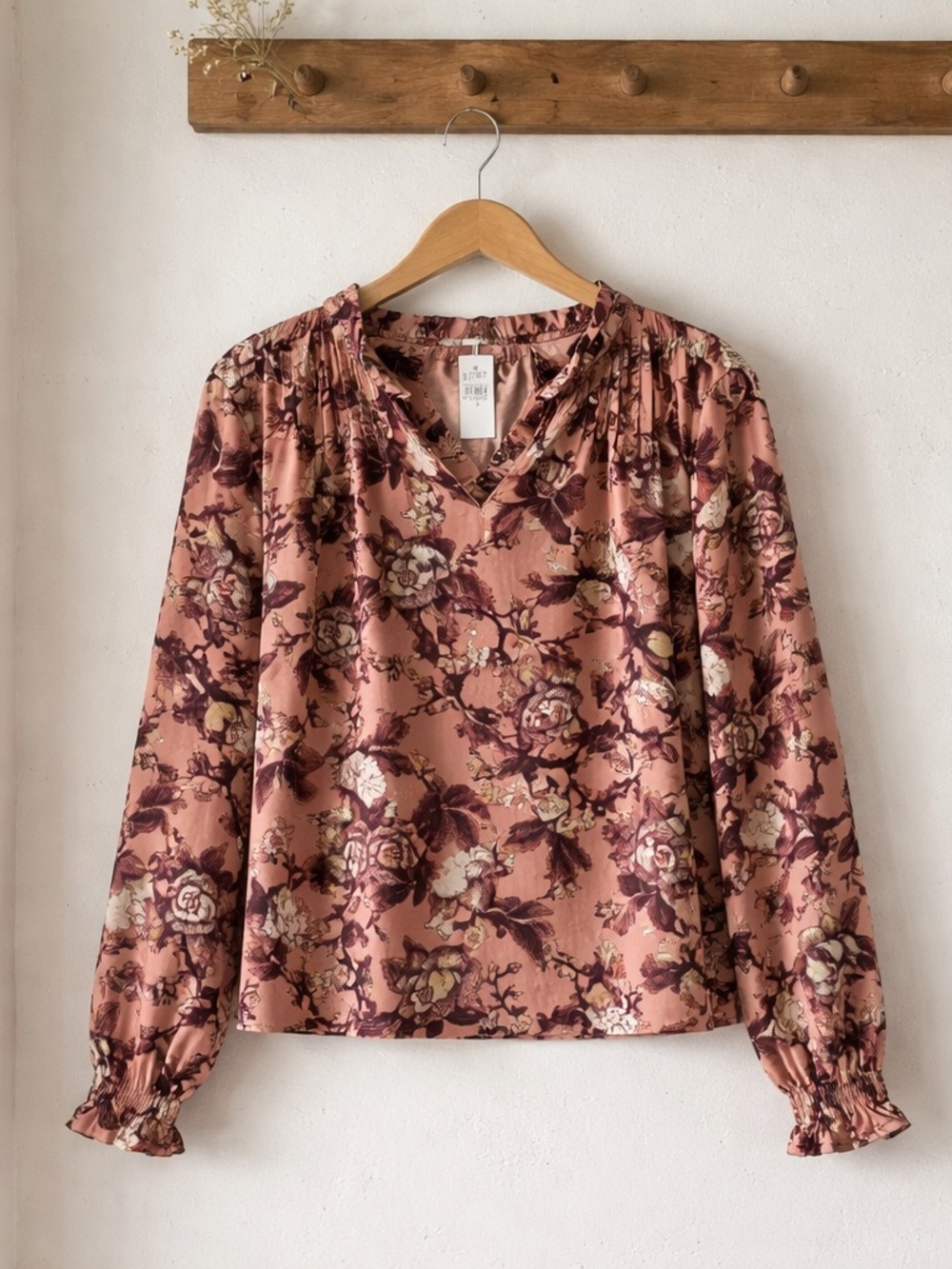 LOFT Floral V-Neck Long-Sleeve Blouse in Coral and Wine Red